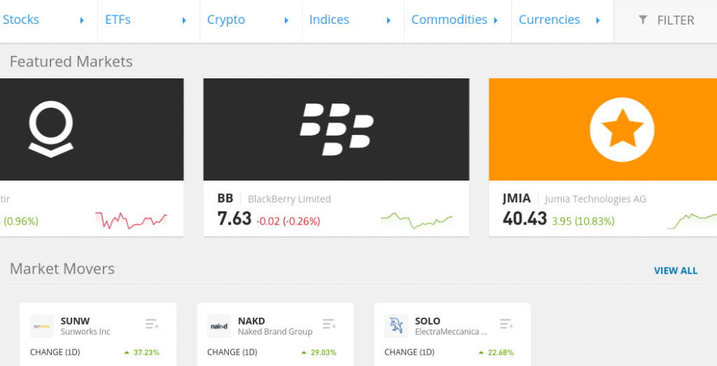 eToro stock trading platform - screenshot