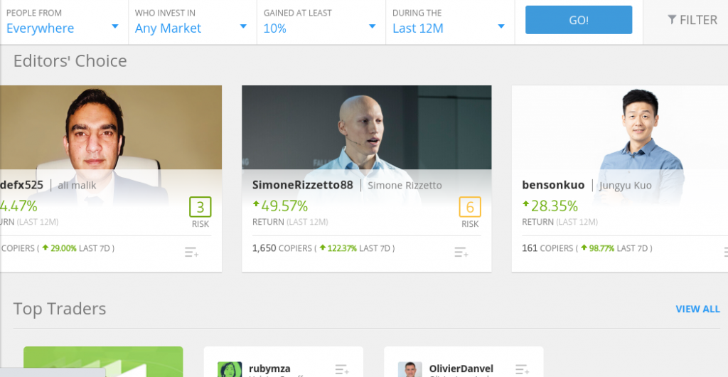 Copy trading platform - interface screenshot with three investors
