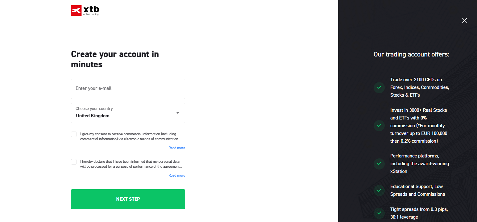 sign up to XTB low spread forex platform